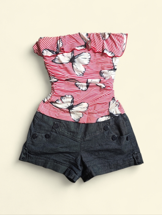 Pants - Y2k Vintage Summer Srapless One piece Butterfly Print Red And White Stripes